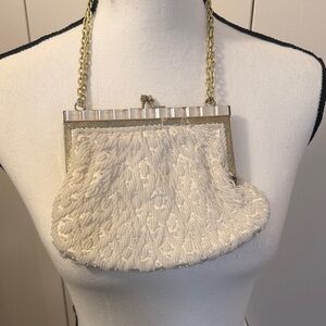 Elegant Beaded Cream Clutch with Gold Chain, Antique